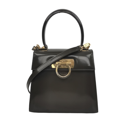 フェラガモ ヴィンテージ ガンチーニ パテントレザー トップハンドル バッグ