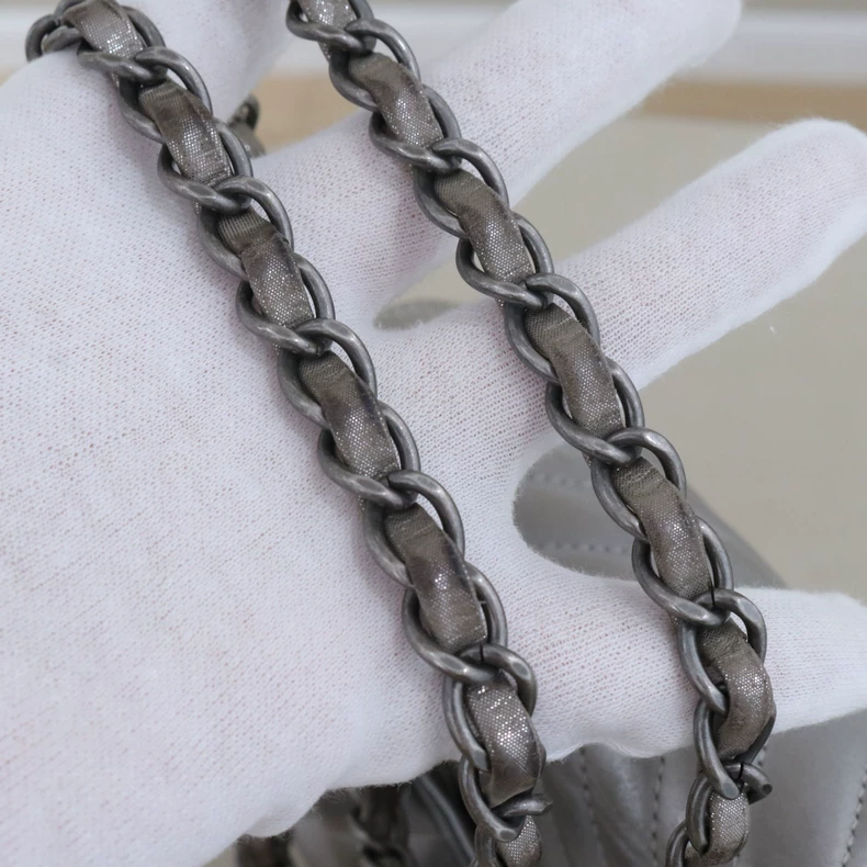 CHANEL Classic Flap Handbag (11.12 Bag) Chevron Quilted Metallic Silver Calfskin
