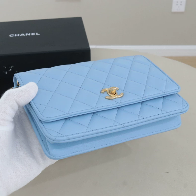 Chanel Classic Quilted Lambskin Wallet On Chain with Adjustable Gold Pearl Ball