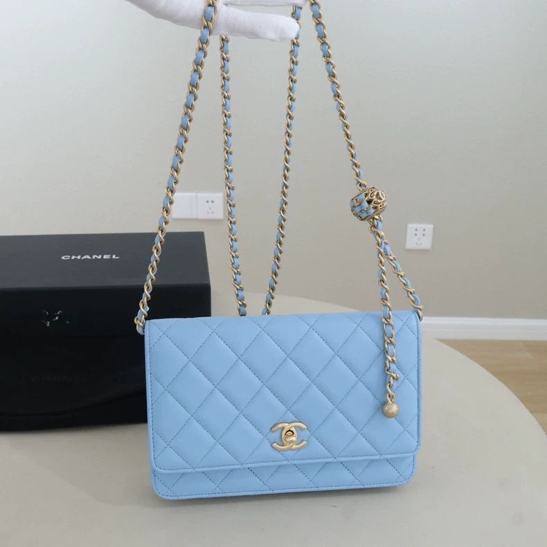 Chanel Classic Quilted Lambskin Wallet On Chain with Adjustable Gold Pearl Ball