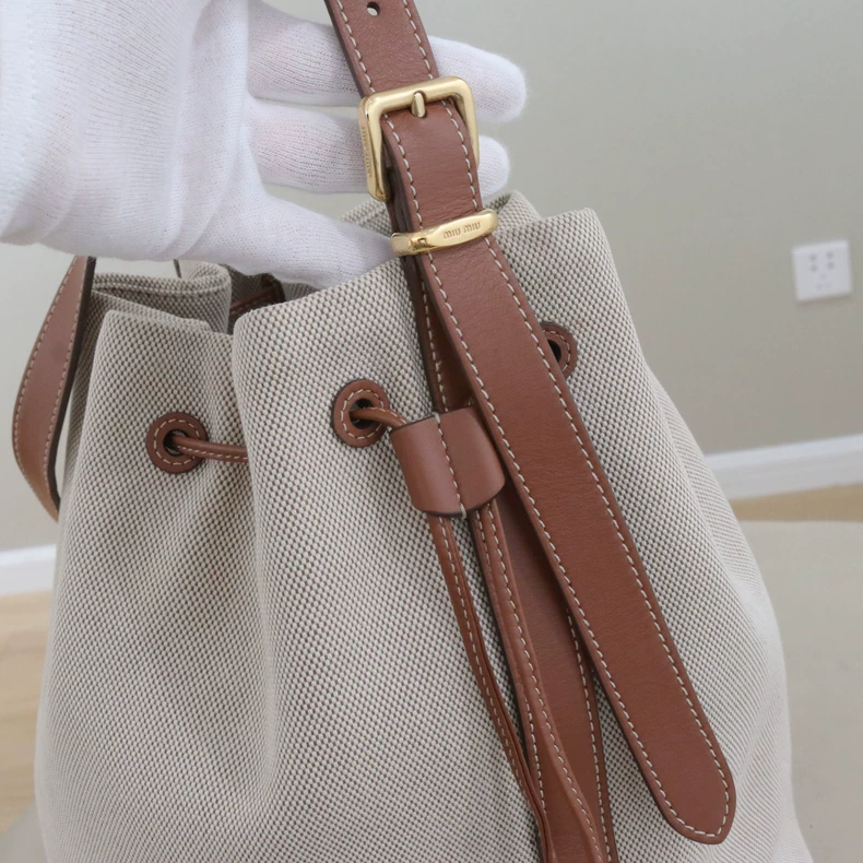 Miu Miu Logo Canvas & Leather Drawstring Bucket Bag